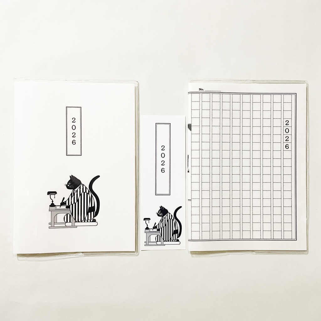 4月始まり 2026年 文豪猫原稿用紙 スケジュール手帳 イラストカバー2枚 栞付き B6 午年 馬 十二支 文豪 万年筆 ネコ 動物