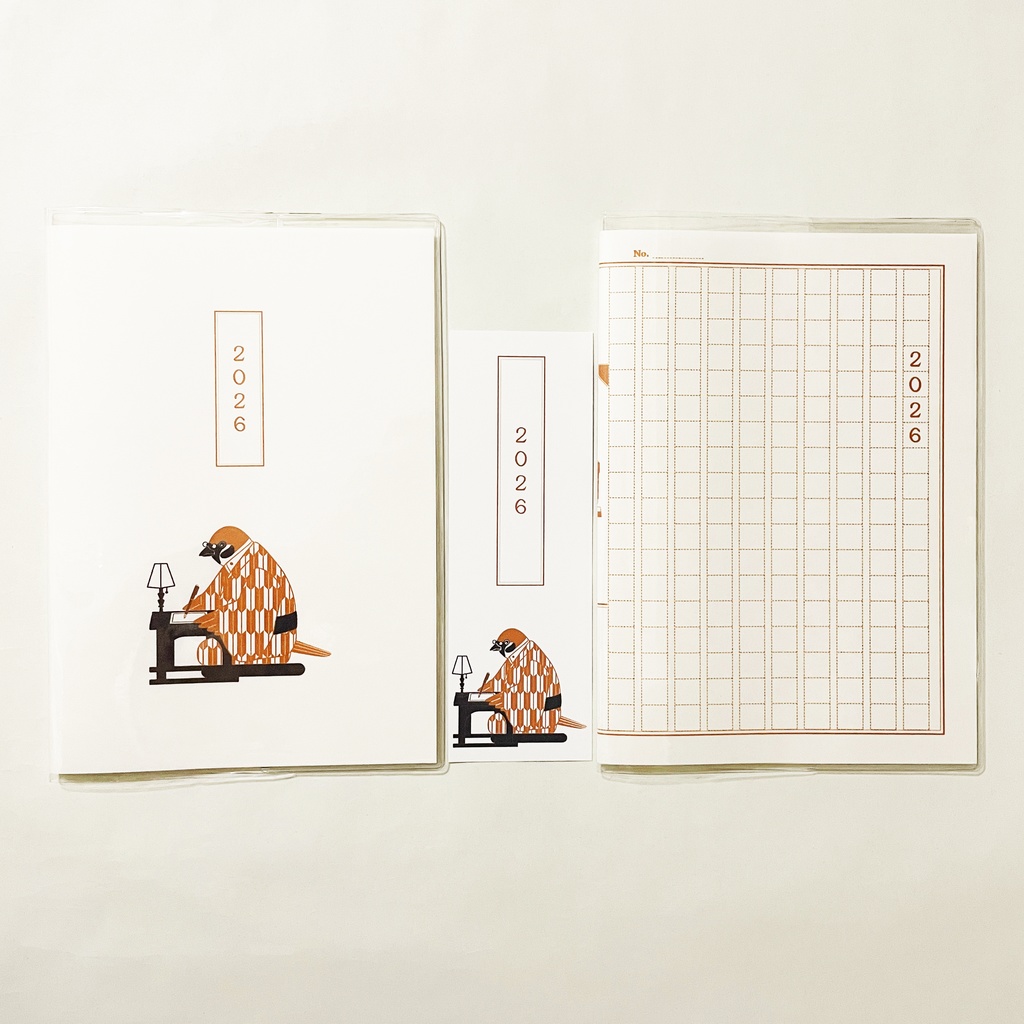 4月始まり 2026年 文豪雀原稿用紙 スケジュール手帳 イラストカバー2枚 栞付き B6 午年 馬 十二支 文豪 万年筆 鳥 動物