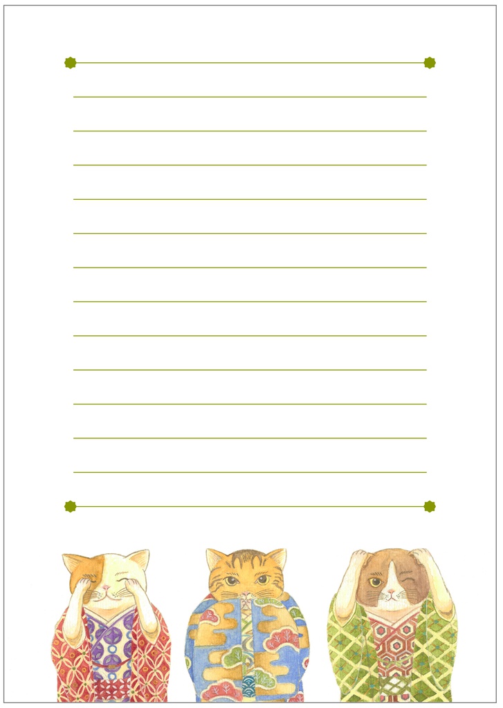 ★再販★ 日本猫 レターセット ネコ 日本 和 シール 封筒 着物 便せん 手紙 水彩 動物