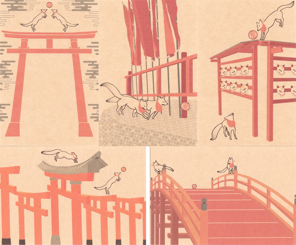 ★販売8回目★ 狐の手毬唄 ポストカード5枚セット 稲荷神社 鳥居 日本 和 雲 動物