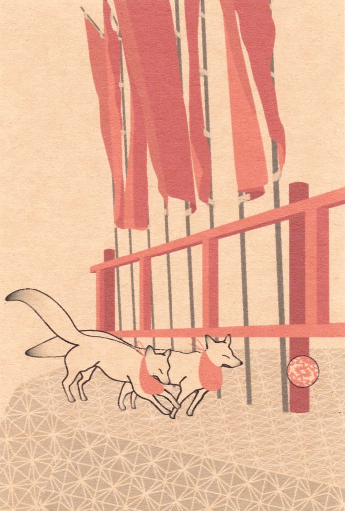 ★販売8回目★ 狐の手毬唄 ポストカード5枚セット 稲荷神社 鳥居 日本 和 雲 動物