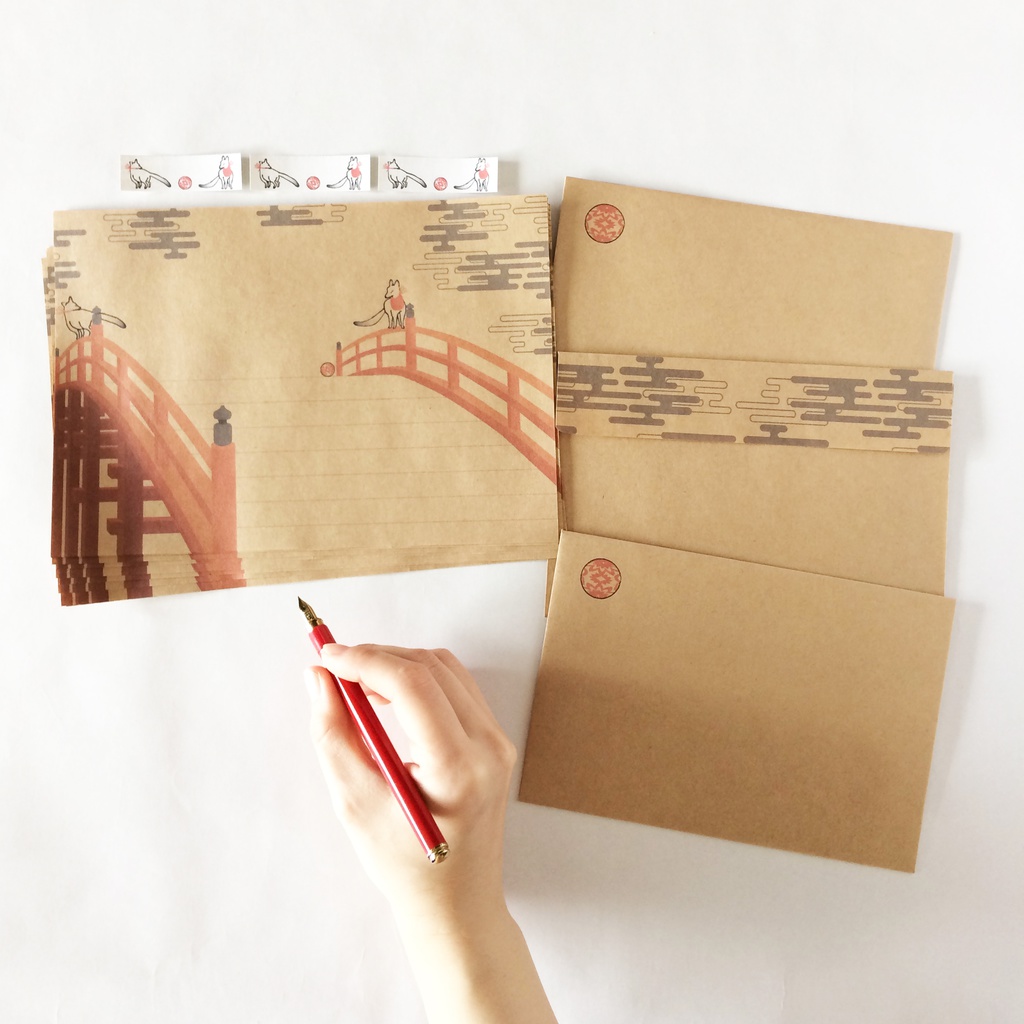★販売5回目★ 狐と赤太鼓橋 レターセット 手毬 稲荷神社 狐の嫁入り 日本 和 雲 動物 シール 封筒 便せん