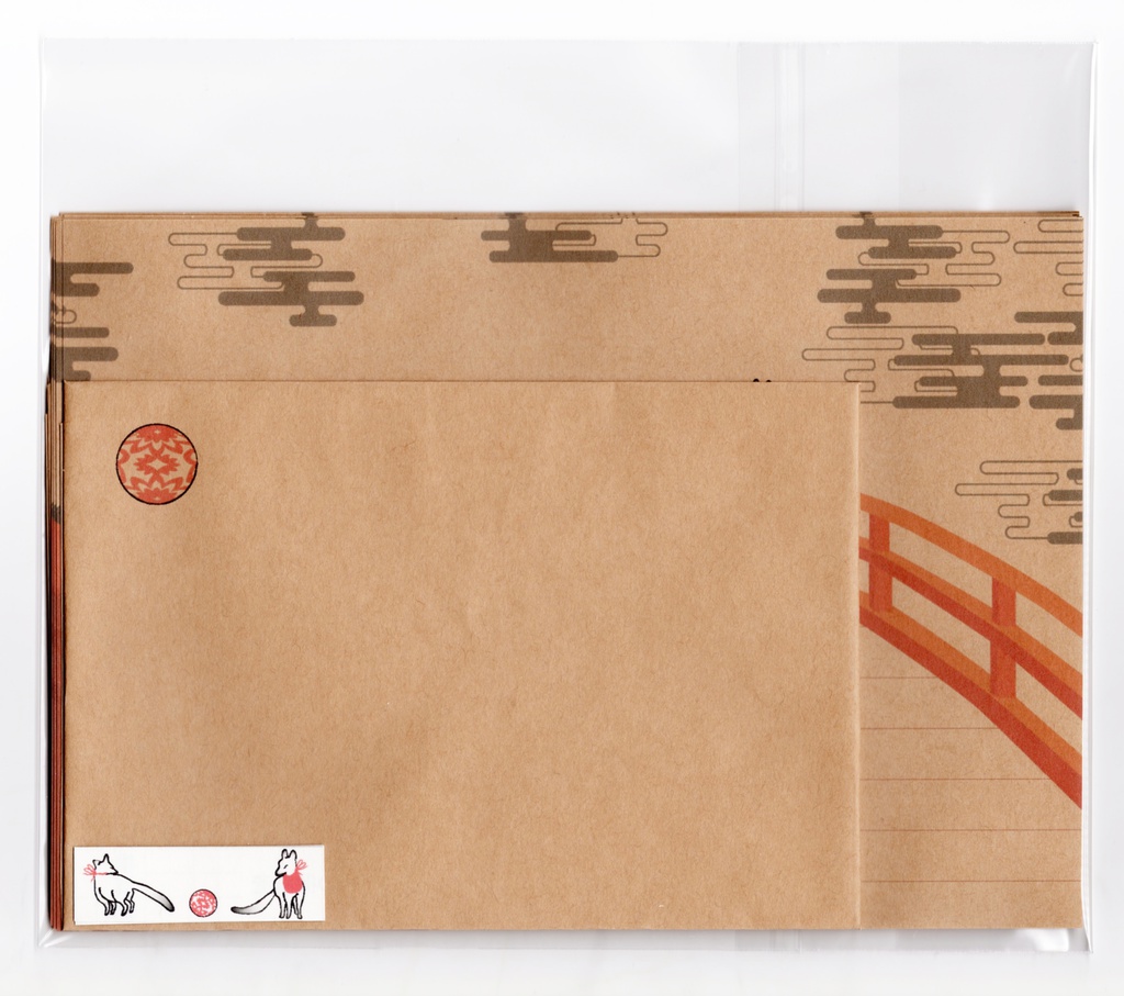 ★販売5回目★ 狐と赤太鼓橋 レターセット 手毬 稲荷神社 狐の嫁入り 日本 和 雲 動物 シール 封筒 便せん