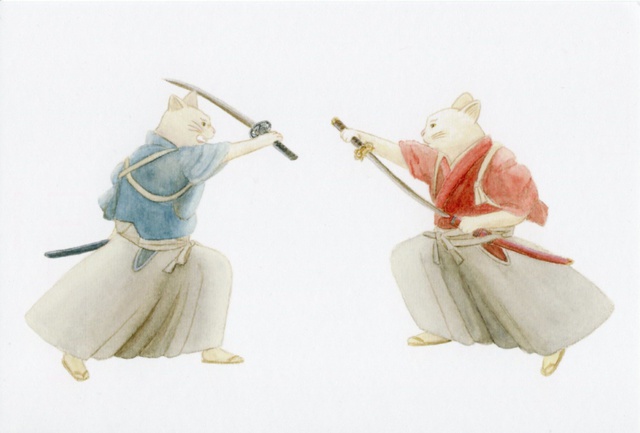 ★再販★ 猫 ポストカード5枚セット 水彩 リボン 着物 刀剣 橋 ほおずき 灯籠 ネコ 日本 和