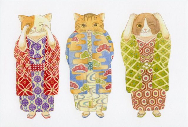 ★再販★ 猫 ポストカード5枚セット 水彩 リボン 着物 刀剣 橋 ほおずき 灯籠 ネコ 日本 和