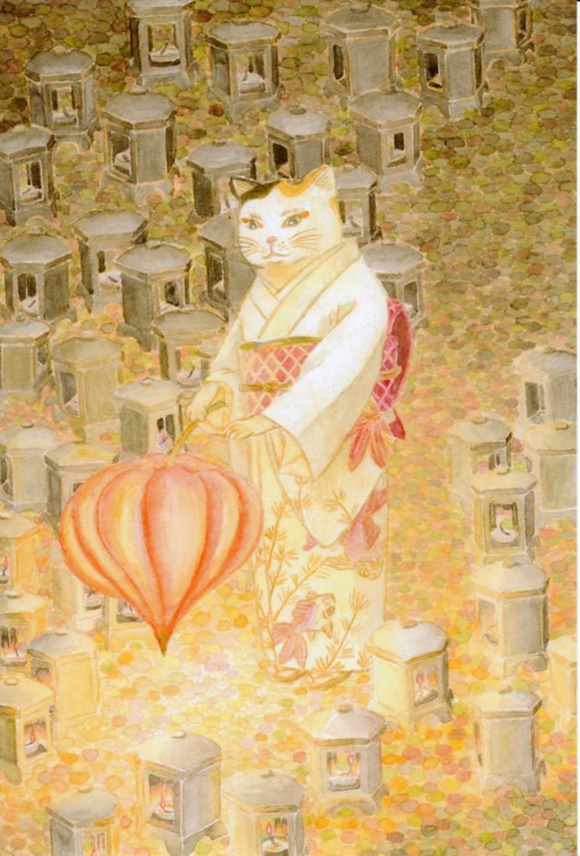 ★再販★ 猫 ポストカード5枚セット 水彩 リボン 着物 刀剣 橋 ほおずき 灯籠 ネコ 日本 和