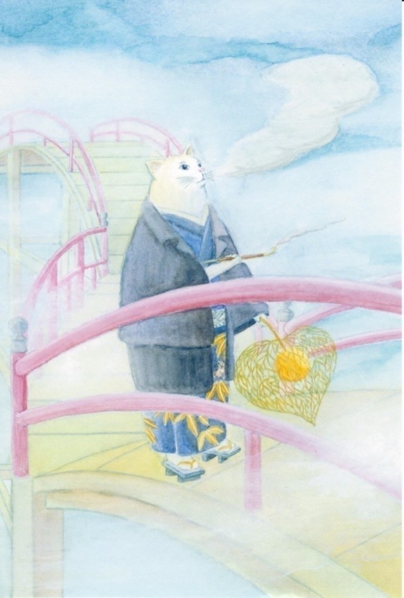 ★再販★ 猫 ポストカード5枚セット 水彩 リボン 着物 刀剣 橋 ほおずき 灯籠 ネコ 日本 和