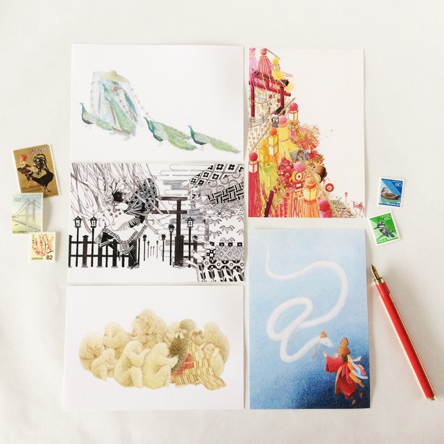 日本の情景 ポストカード5枚セット 和 孔雀 辰 猿 七夕祭り ヘビ 平安 Amirouge Booth