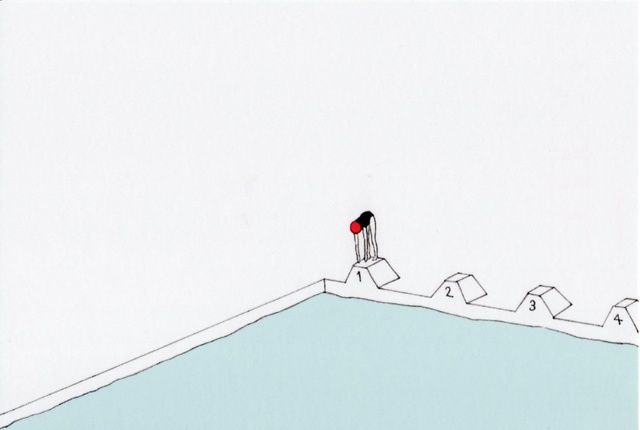 シンプル ペン画 ポストカード 2枚セット プール 水着 水泳 夏 女の子 帽子