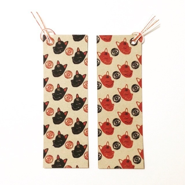 販売11回目 狐面と破魔矢 栞 セット 赤黒 しおり 水引 読書 本 稲荷神社 鳥居 日本 和 狐の嫁入り 御朱印 Amirouge Booth