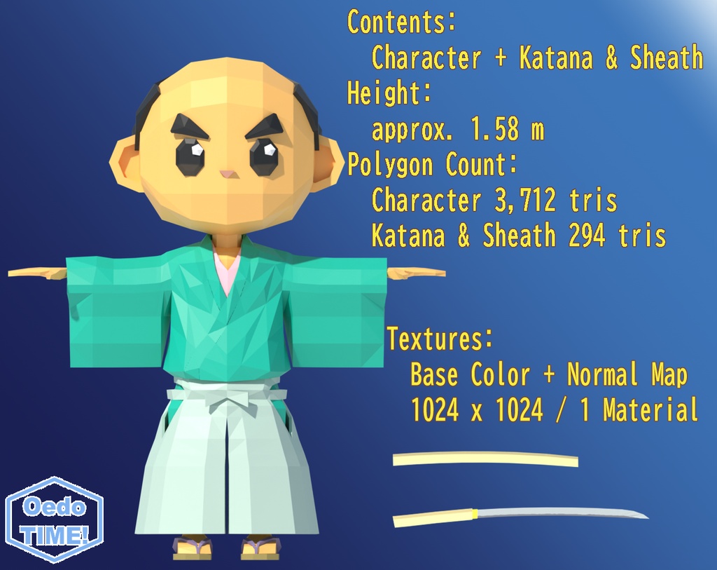 【無料】ローポリ若侍 3Dモデル(抜刀・走りアニメーション付き)Unity / UE / Godot対応