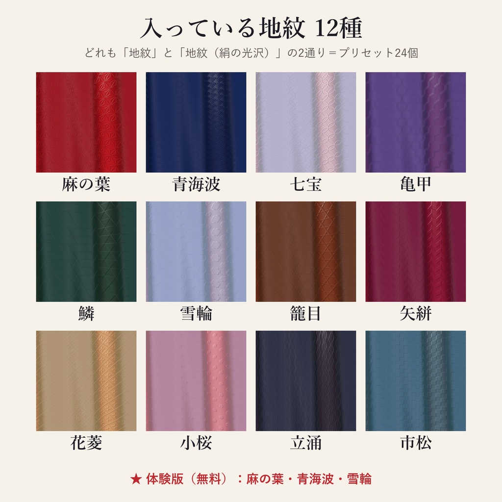 【lilToon】地紋プリ|選ぶだけで服に和の地紋を織り出すプリセット12種・絹の光沢つき【VRChat・体験版あり】
