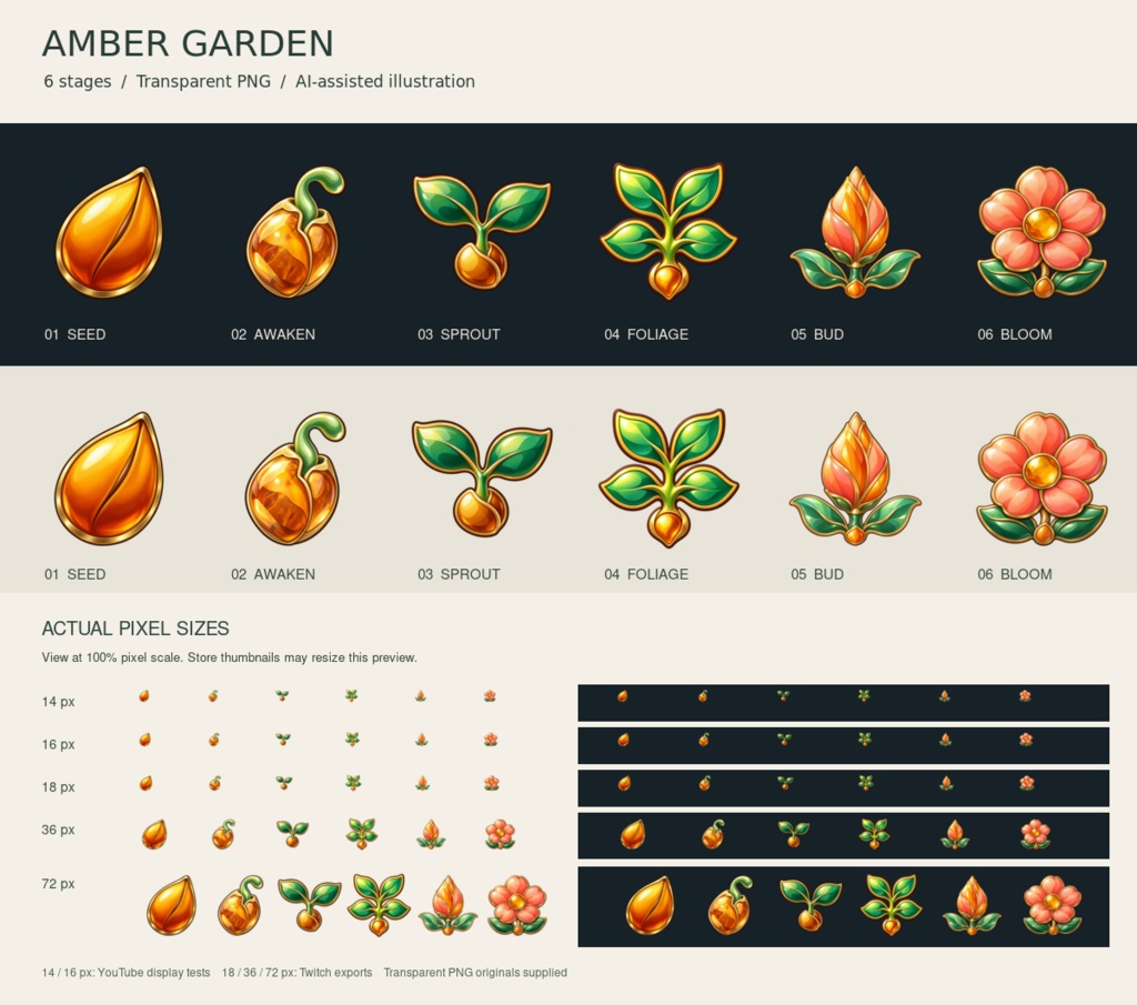 Amber Garden|種から花へ育つ6段階バッジ|透過PNG・Twitch/YouTube用サイズ入り