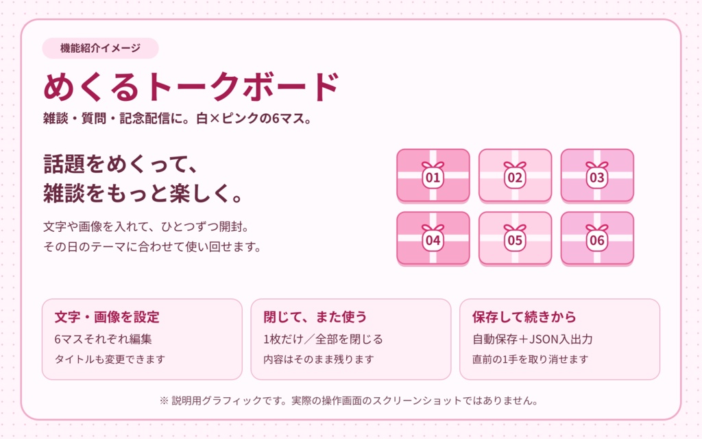 めくるトークボード|雑談・質問・記念配信に|ピンクの6マス・文字画像編集OK