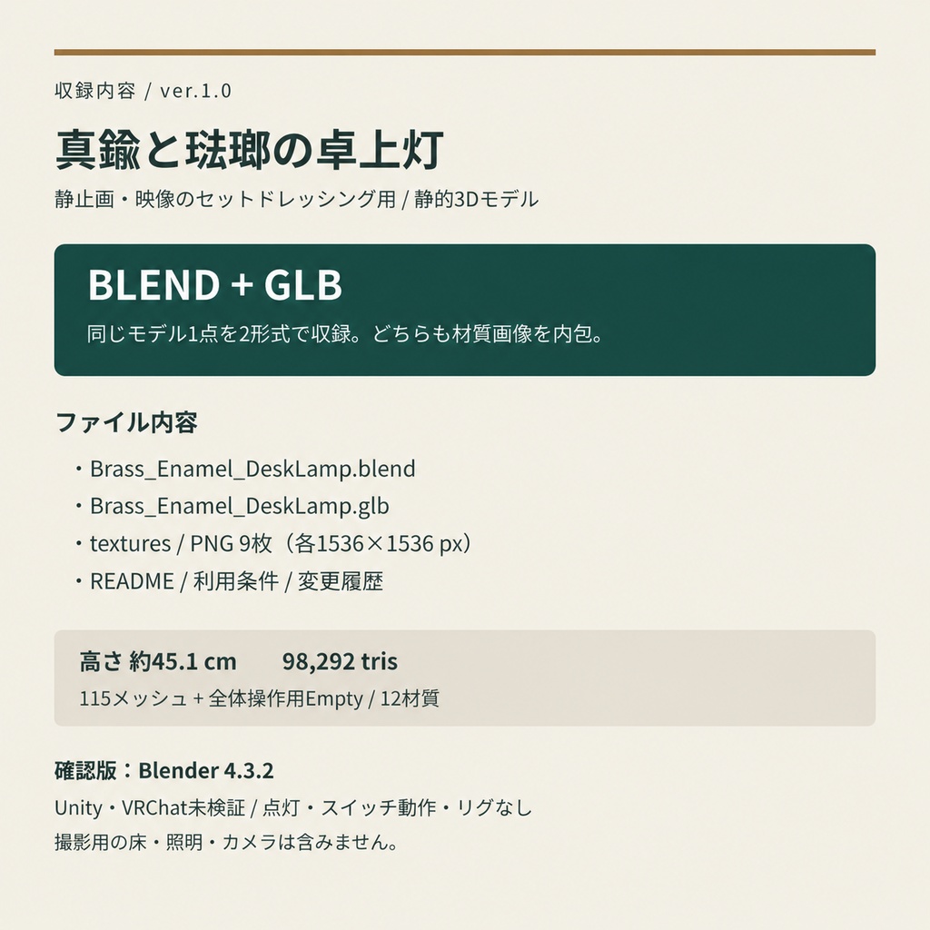 真鍮と琺瑯の卓上灯|Blender / GLB・静的3D小物