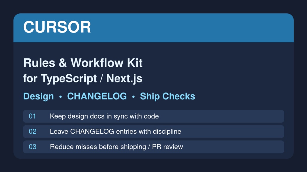 【Cursor】Rules & Workflow Kit for TypeScript/Next.js｜設計・CHANGELOG・出荷チェック特化