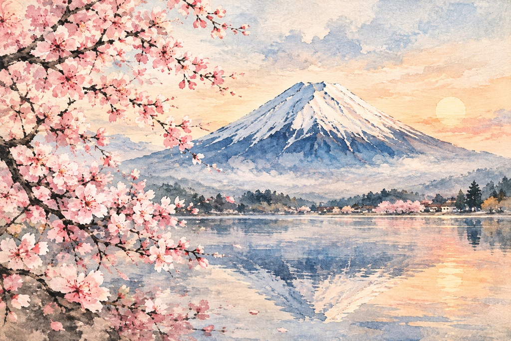湖畔の春爛漫 ～富士山と逆さ富士