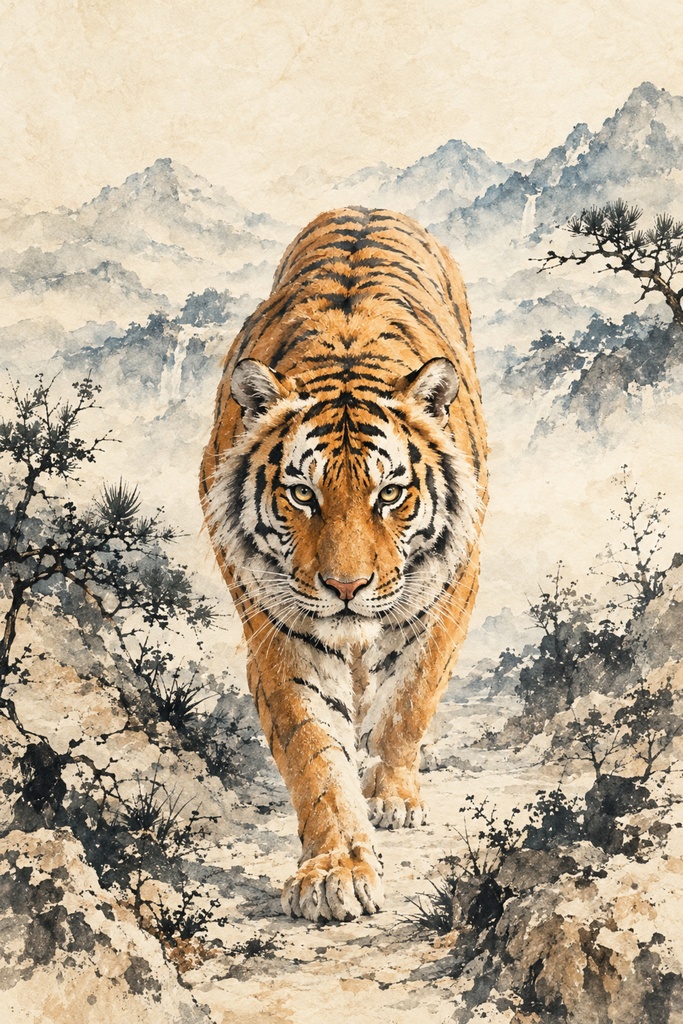【和風アート】「正面を見据える猛虎」高解像度画像データ / 日本画・水彩・水墨画風