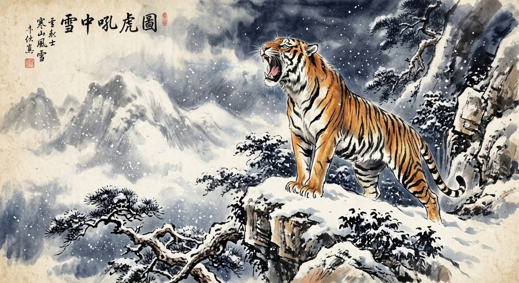 水墨画風 アートポスター 『雪中吼虎図』 額装対応（雪山・虎・縁起物・和風インテリア）