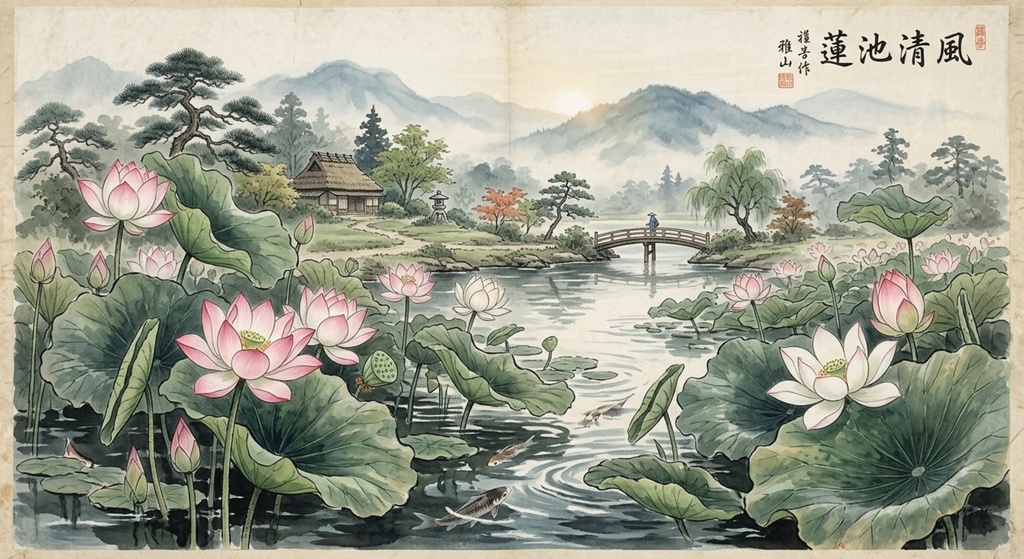​水彩画 デジタルアート「蓮池清風」｜和風インテリア 蓮の花 日本庭園 風景画 プリント用高画質データ