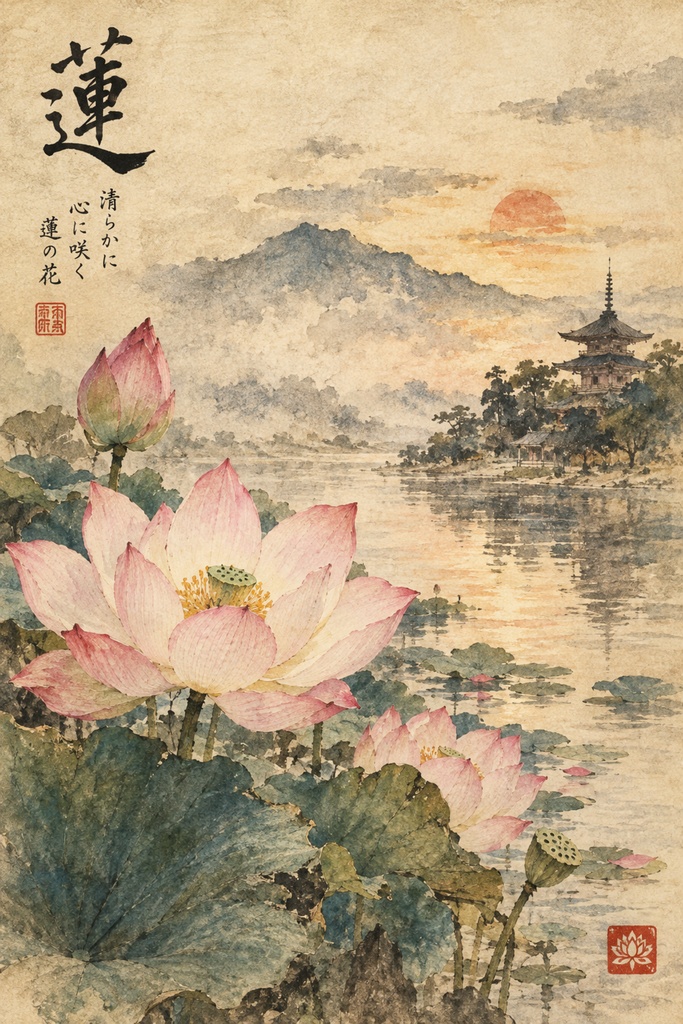 水彩画 デジタルアート「蓮」｜和モダンインテリア 蓮の花 三重塔 夕景 和風ポスター 高画質データ