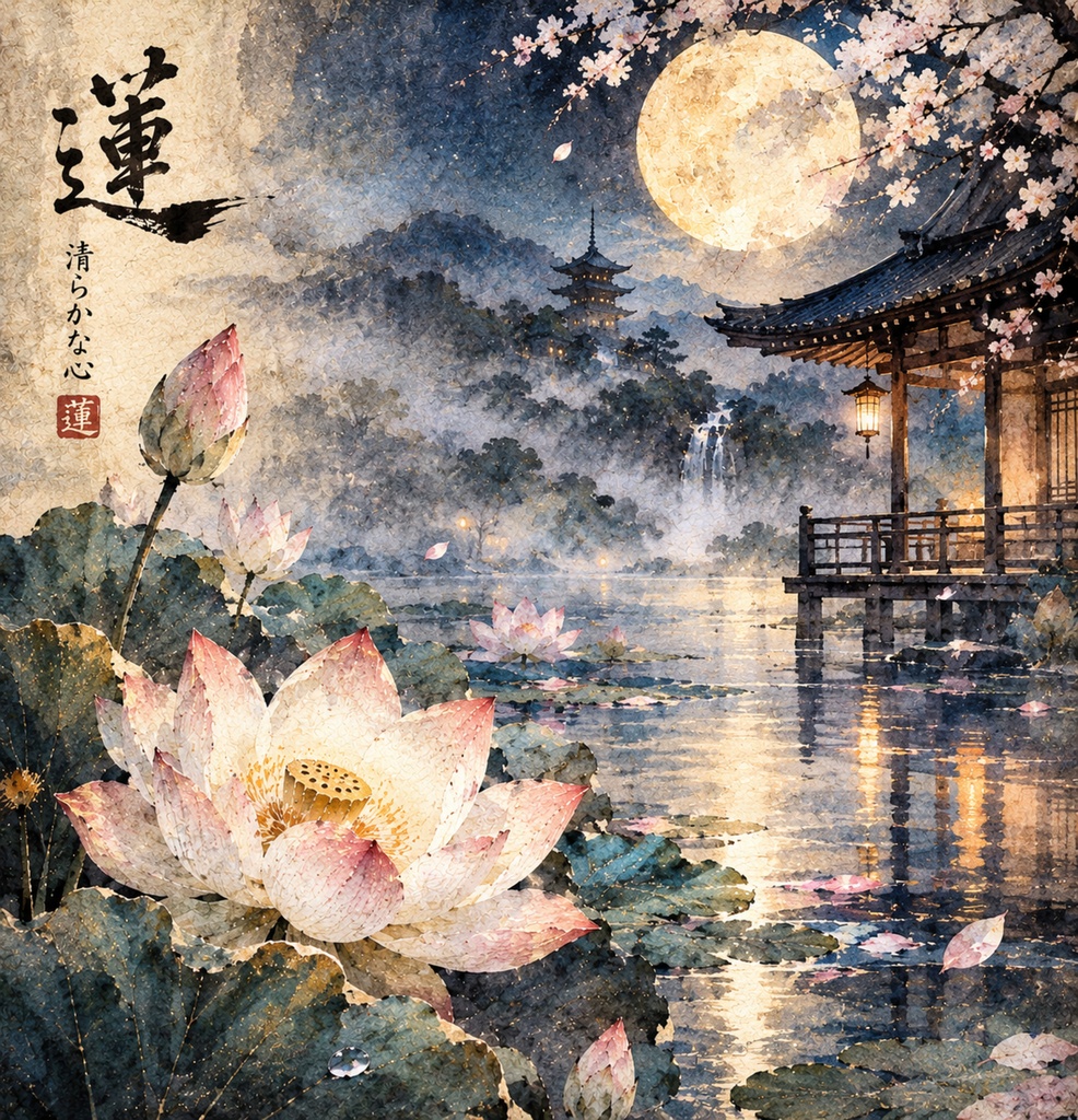 ​水彩画 デジタルアート「蓮」｜月夜 満月 桜 和風ポスター 幻想的 和モダンインテリア 高画質データ