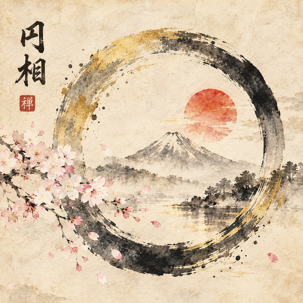 円相 富士朝日と桜｜縁起の良い和風アート デジタル素材