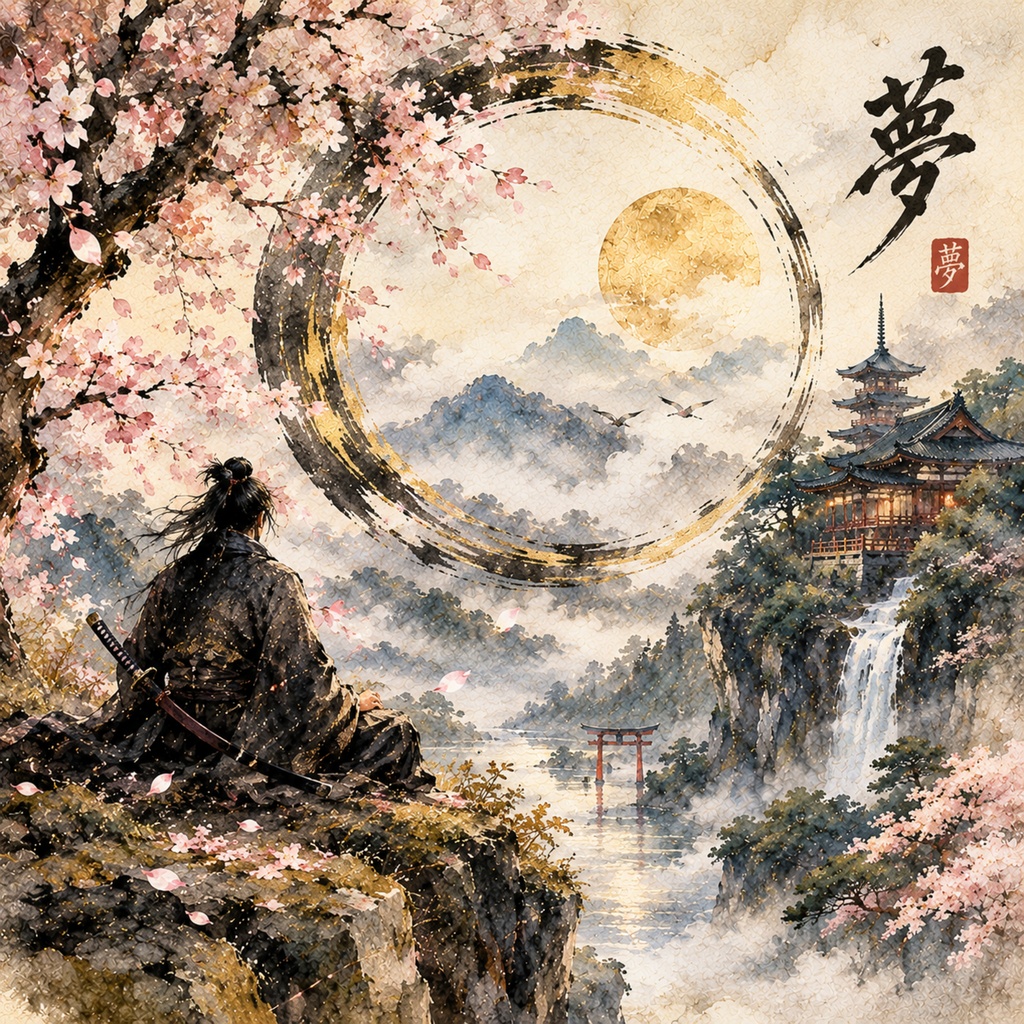 【和モダンアート】夢幻の侍・桜と金の円相|「夢」和紙風デジタルアート
