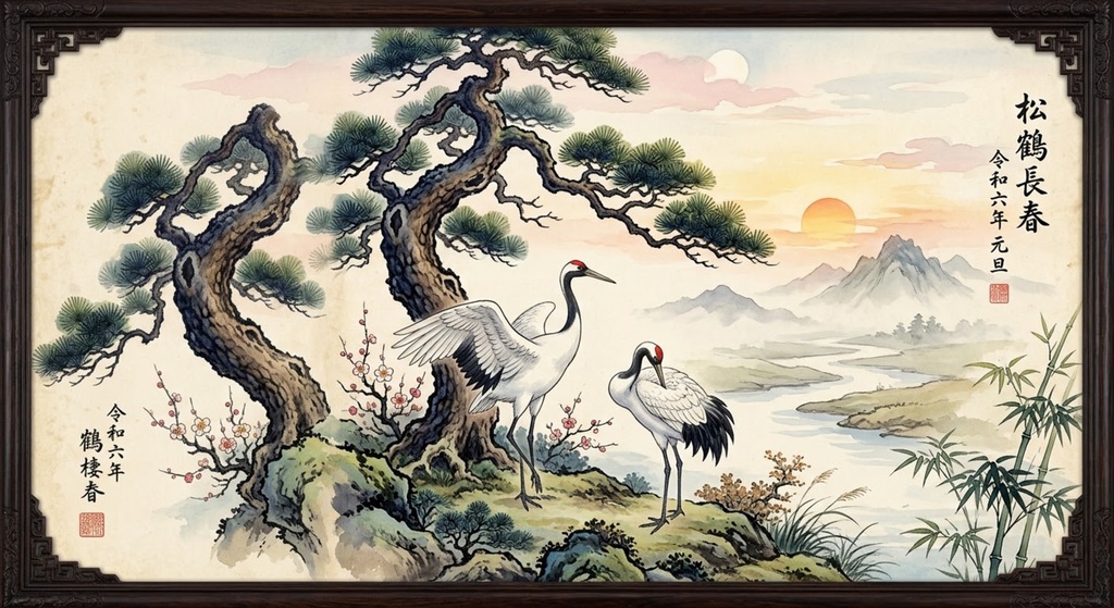 和モダン水彩画風イラスト『松竹梅と双鶴』初日の出と山河の風景