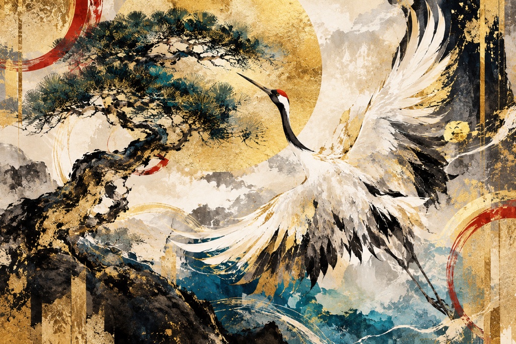 【吉祥画】『昇天の鶴と老松』金箔箔押し風・和風モダン壁掛けアート