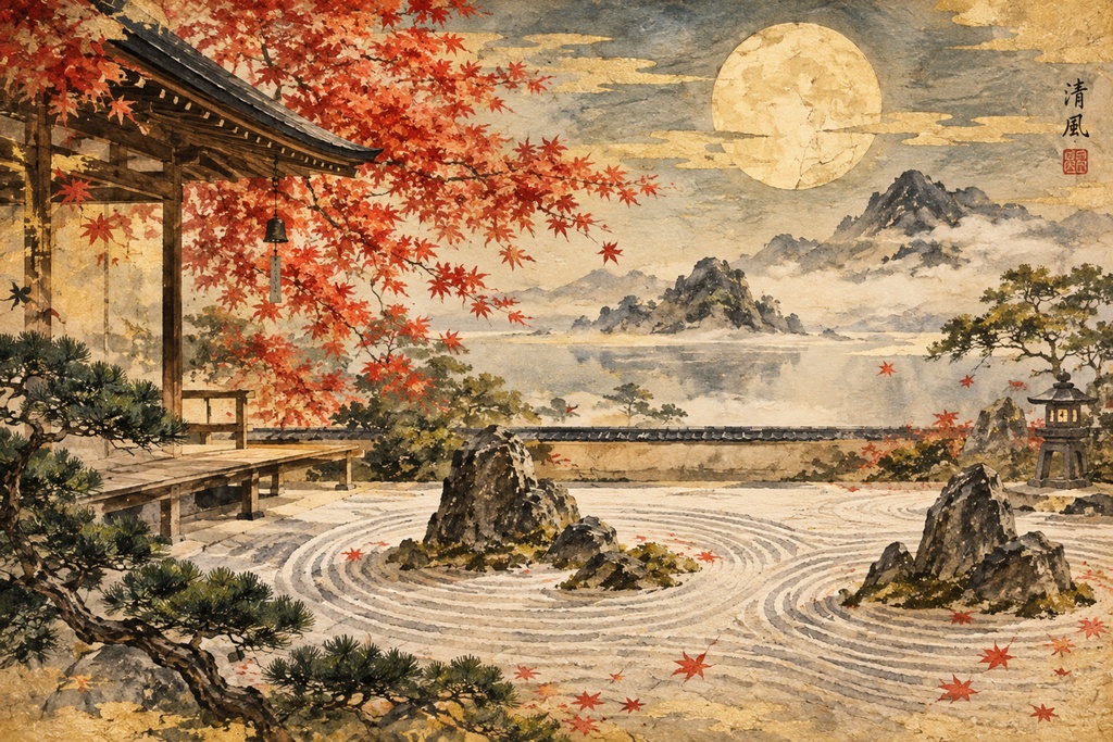 「枯山水庭園の秋宵 ―紅葉と満月のデジタルアート複製画―」