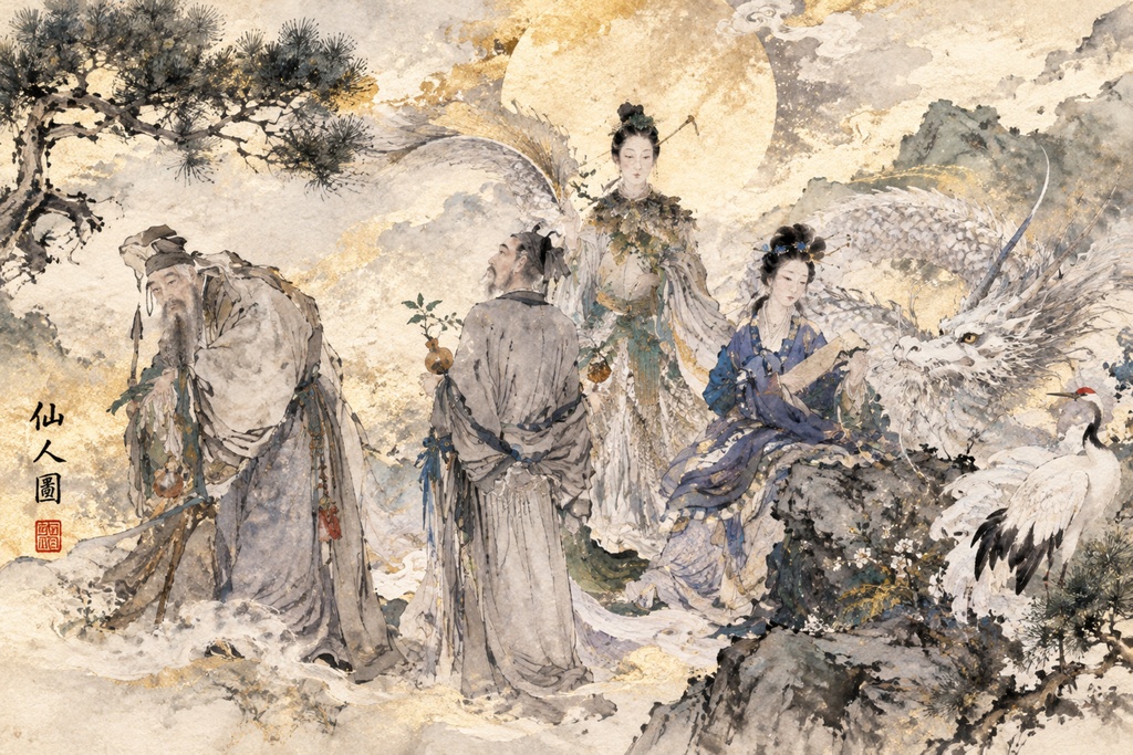 和風幻想絵画「群仙白龍図」金箔・水彩調イラスト（商用利用可能 / 縁起物インテリア）  