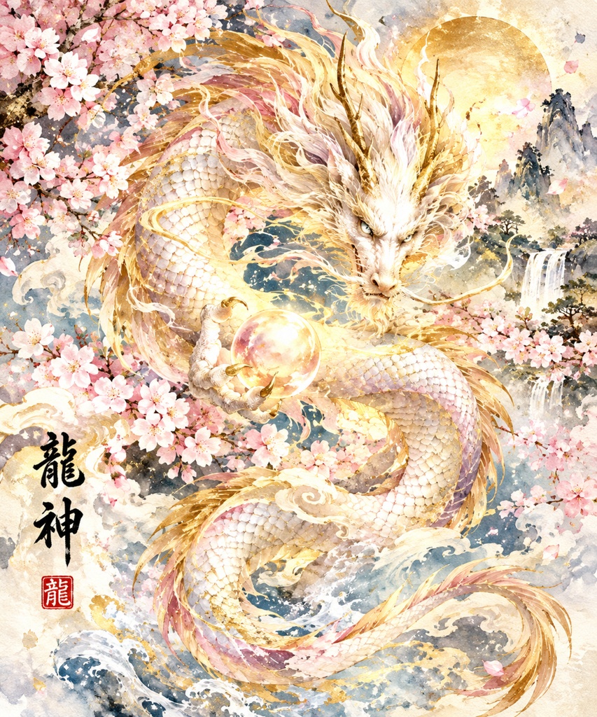 ​和風幻想アート『龍神』〜満月に舞う白金龍と満開の桜〜