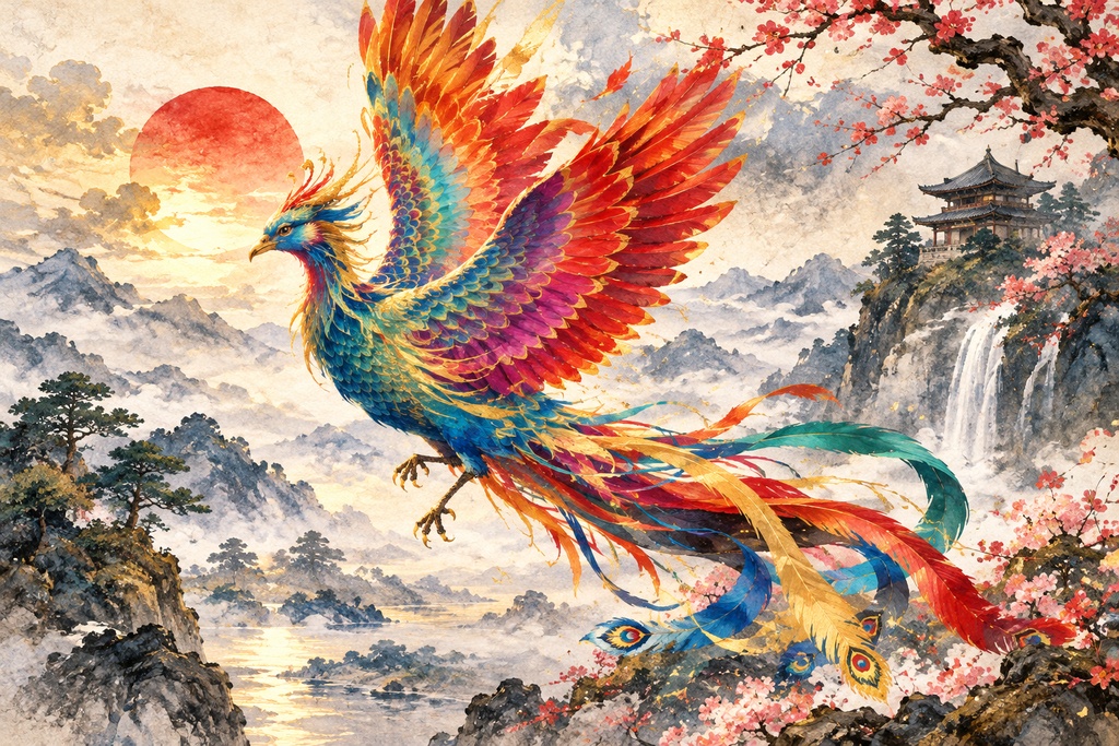 【開運絵画】鳳凰と赤富士風旭日 - 満開の桜と滝が織りなす幻想和モダンアート  