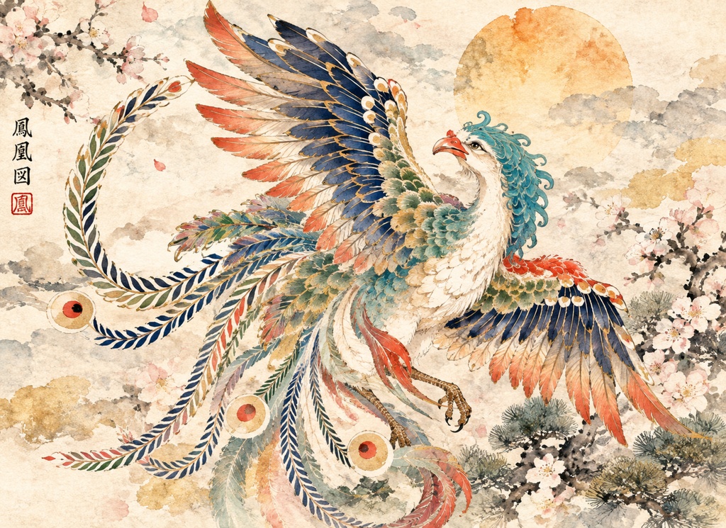 【開運絵画】鳳凰図 - 梅と松に囲まれた瑞鳥の舞（和柄・浮世絵インテリア・アートパネル） 