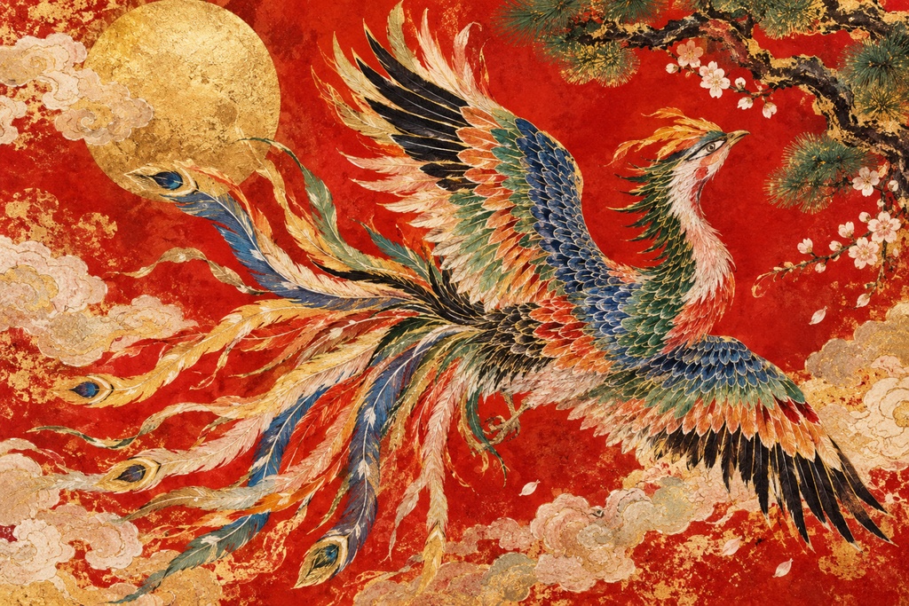 【和風壁掛けアート】紅蓮の鳳凰飛翔 - 金箔風の雲と満月が織りなす雅な和モダンインテリア 
