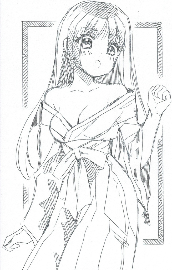 B6 手描きイラスト 袴風少女 可愛い ラフ画 オリジナル