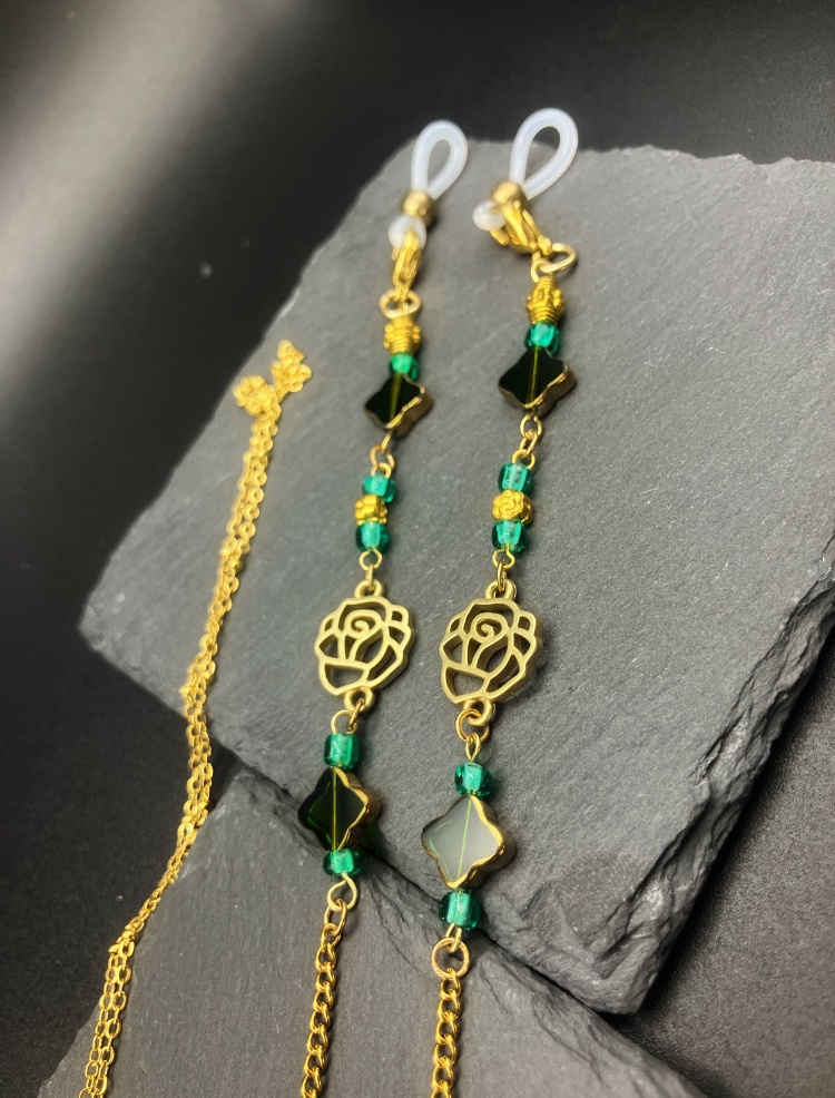 【メガネチェーン】グリーン×ゴールド ニッケルフリー ハンドメイド