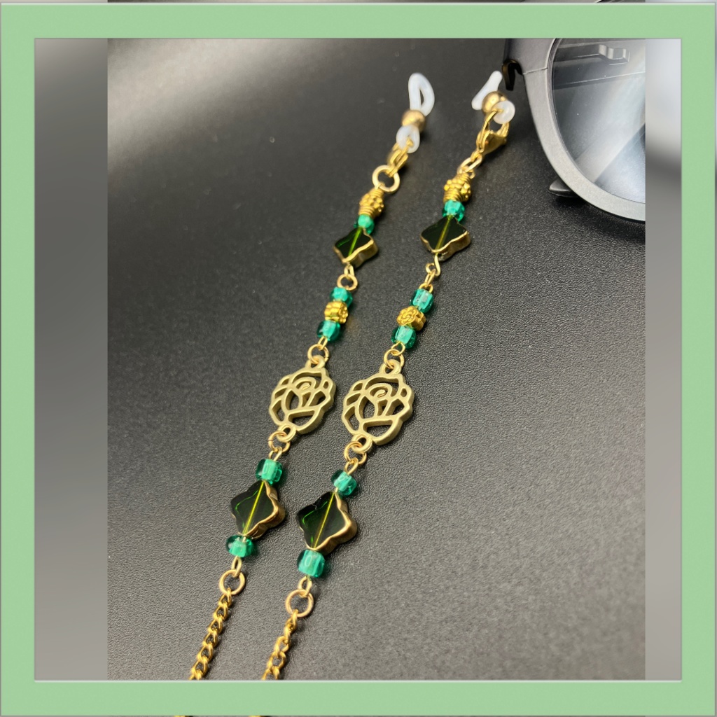 【メガネチェーン】グリーン×ゴールド ニッケルフリー ハンドメイド