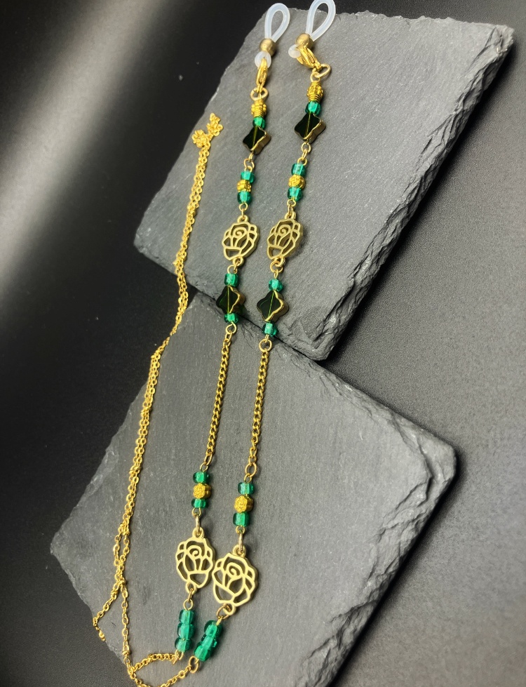 【メガネチェーン】グリーン×ゴールド ニッケルフリー ハンドメイド