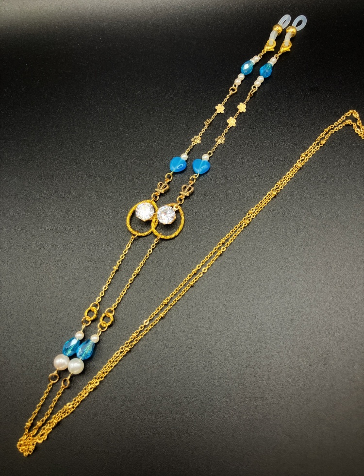 【メガネチェーン】ライトブルー×ゴールド ニッケルフリー ハンドメイド