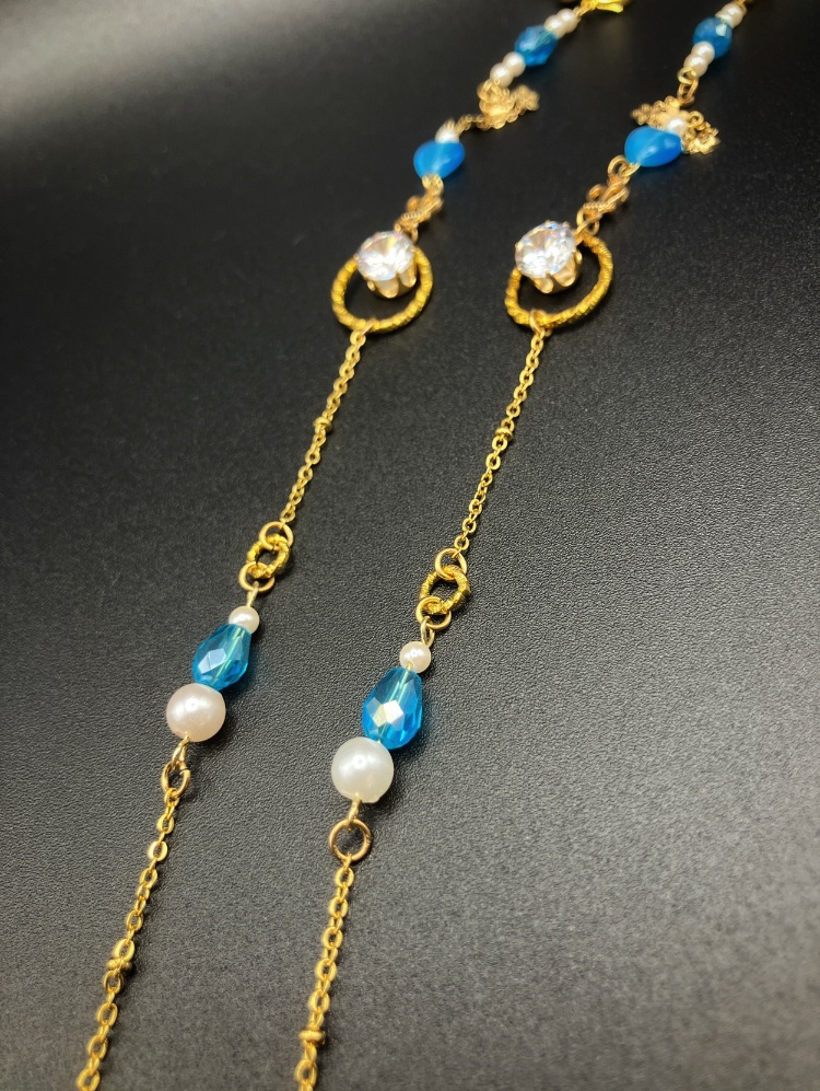 【メガネチェーン】ライトブルー×ゴールド ニッケルフリー ハンドメイド