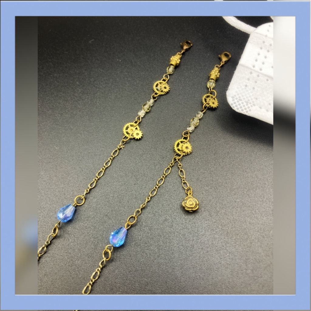 【マスクチェーン】ブルー×金古美　ゴールド　(ニッケルフリー)ハンドメイド