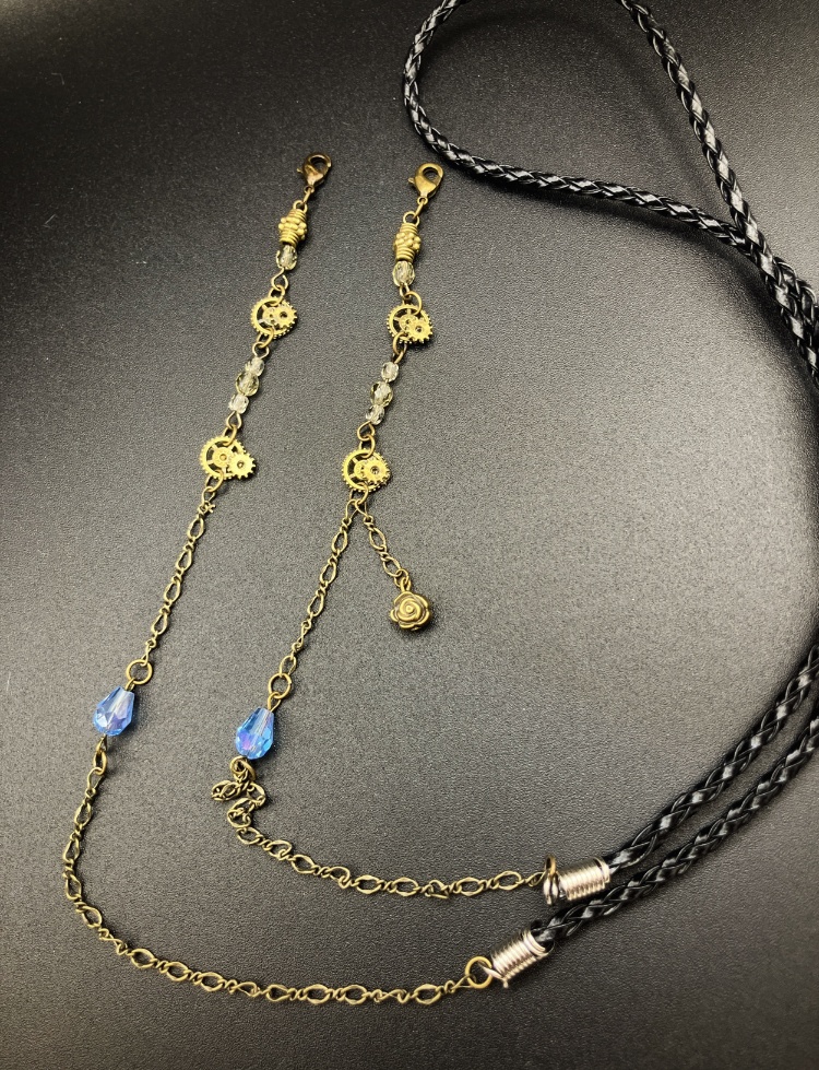 【マスクチェーン】ブルー×金古美 ゴールド (ニッケルフリー)ハンドメイド