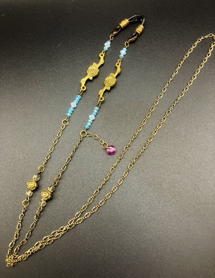 【メガネチェーン】ブルー×金古美 ゴールド (ニッケルフリー)ハンドメイド