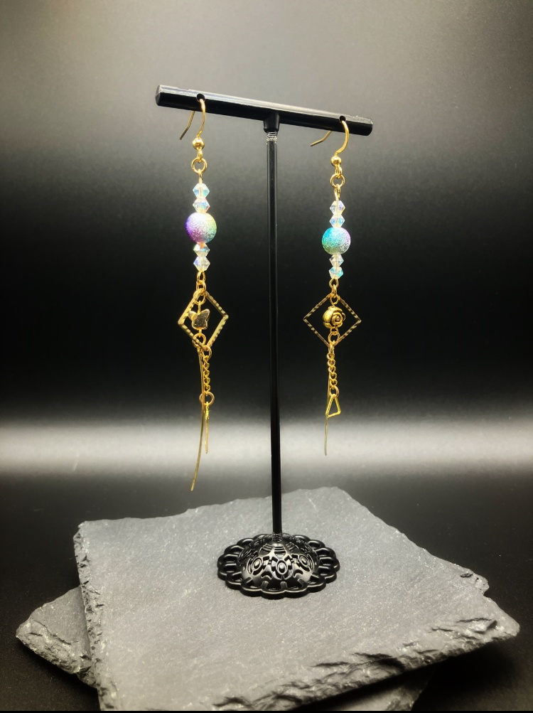 【ピアス イヤリング】ブルー パープル×ゴールド ハンドメイド サージカルステンレス