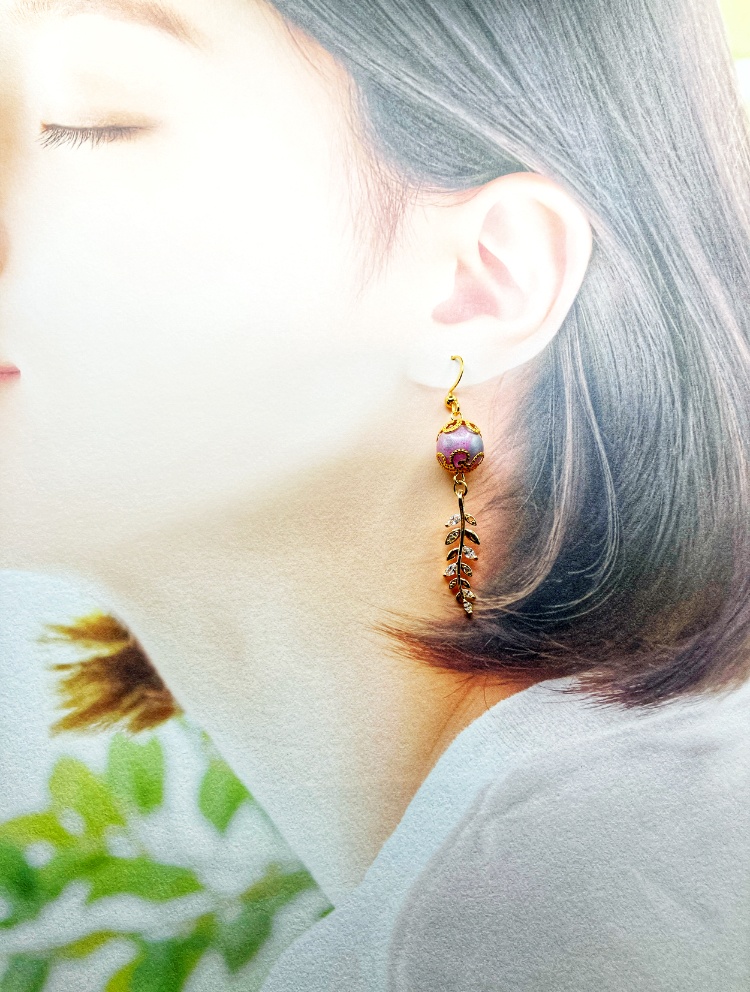 【ピアス イヤリング】パープル×ゴールド ハンドメイド ニッケルフリー