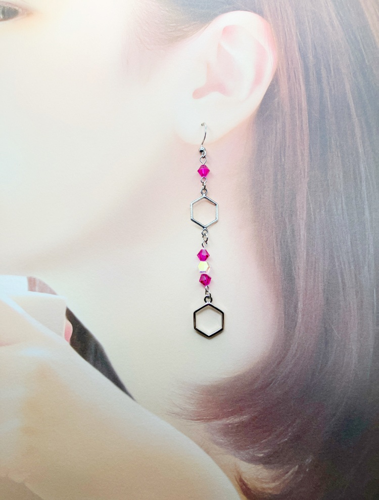 【ピアス イヤリング】ピンク×シルバー ハンドメイド サージカルステンレス