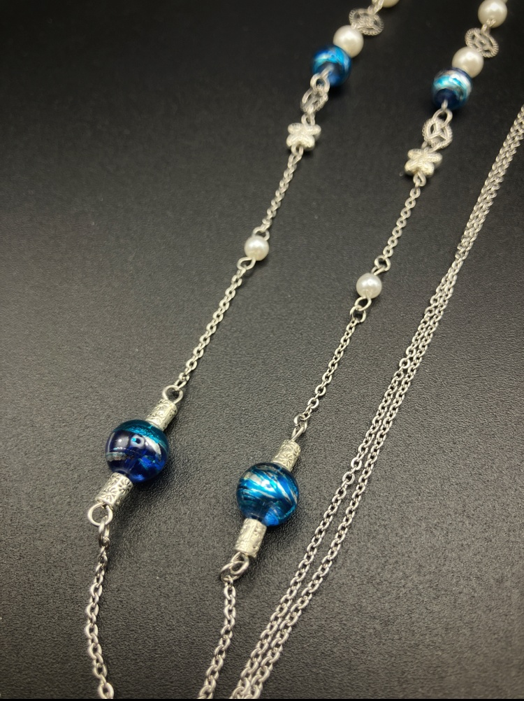 【メガネチェーン】ブルー×シルバー (ニッケルフリー)ハンドメイド