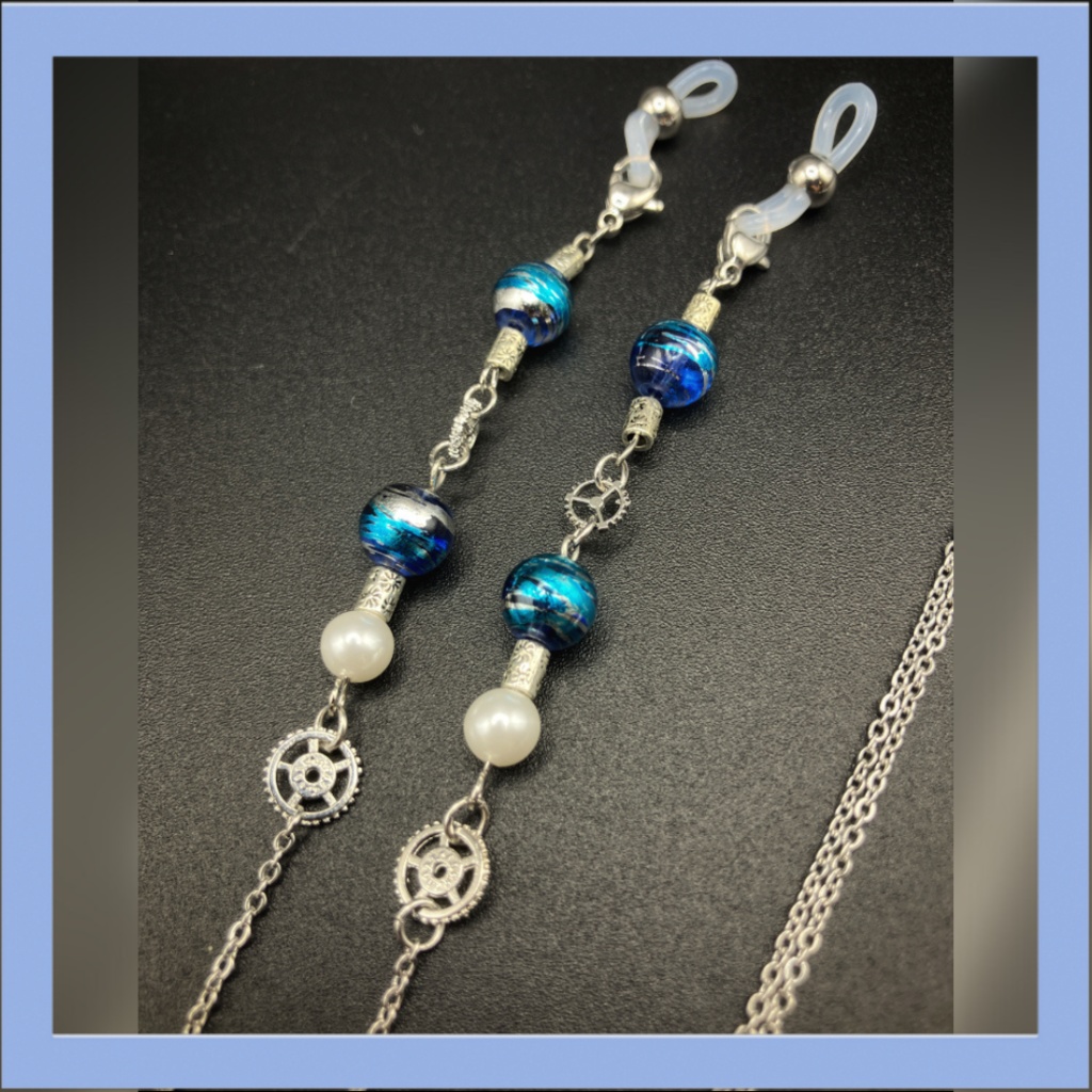 【メガネチェーン】ブルー×シルバー　(ニッケルフリー)ハンドメイド